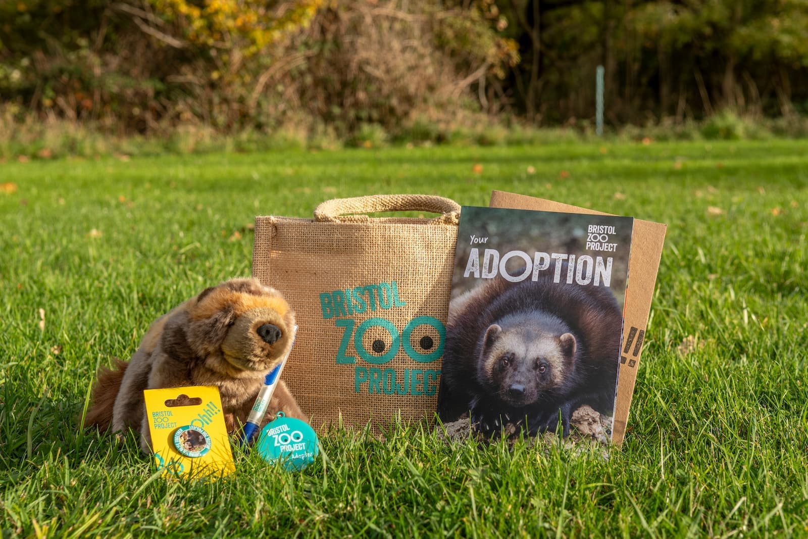Bristol Zoo adoption kit on grass, featuring a plush animal, tote bag, adoption booklet, and keychain.